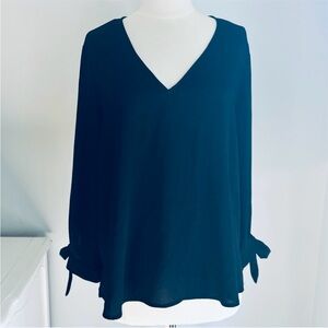 CECE Crepe Tie Sleeve V-Neck Blouse, Black, Size XL